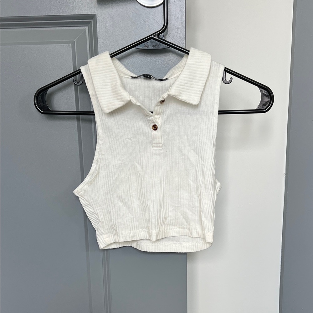 Princess Polly Cream Ribbed Collared Tank Top